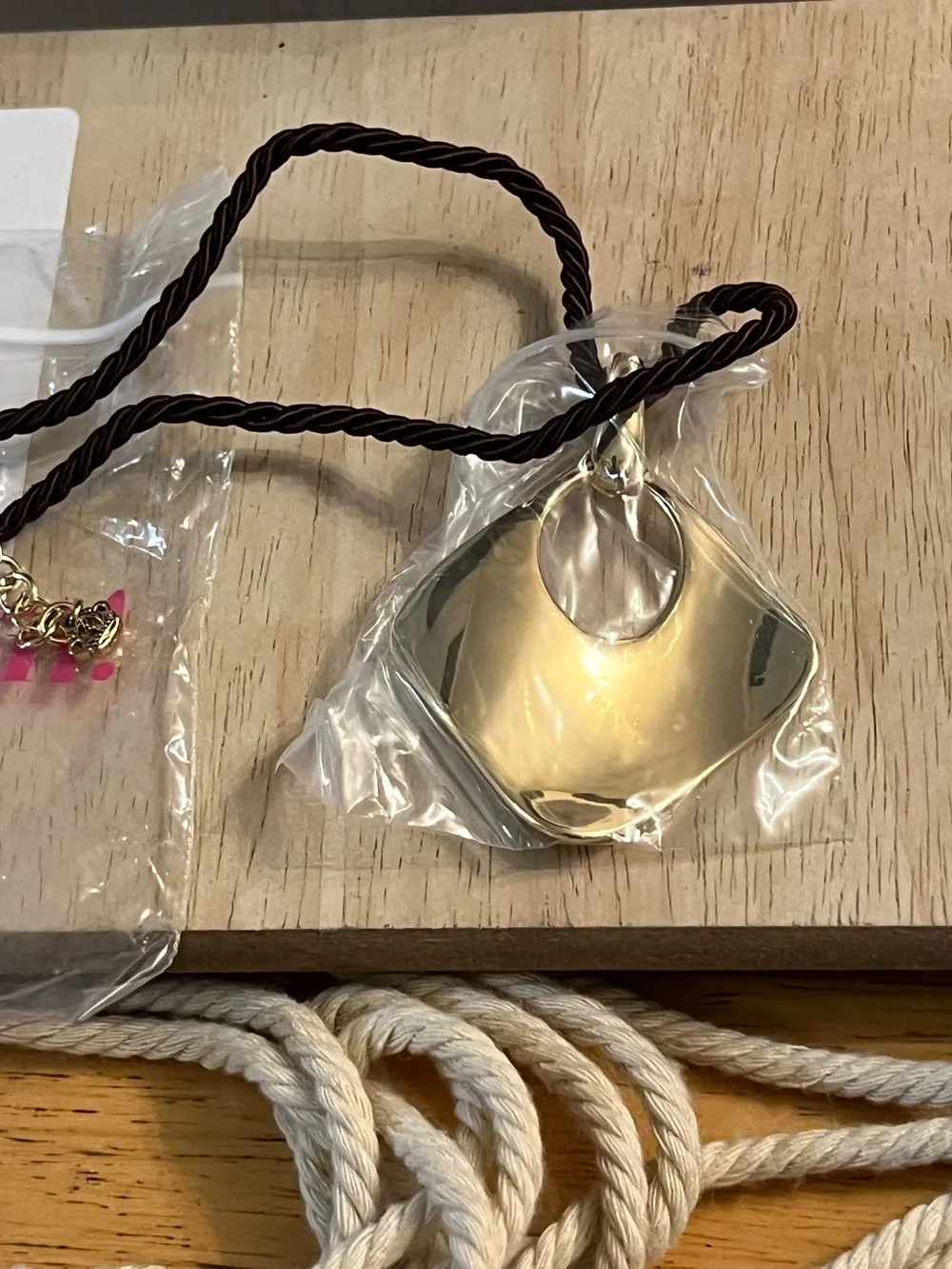 Premier Designs Gold Tone Pendant Necklace with Brown Twisted Cord
